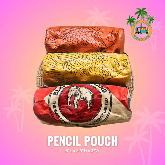 Three colorful pencil pouches with fish and elephant designs on a pink gradient background from TukTuk Trading