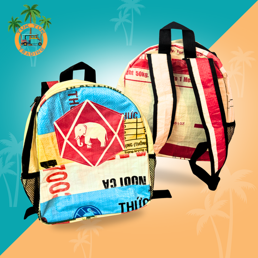 Two colorful backpacks with a geometric design on a blue and orange gradient background. Available at ShopTukTuk.com