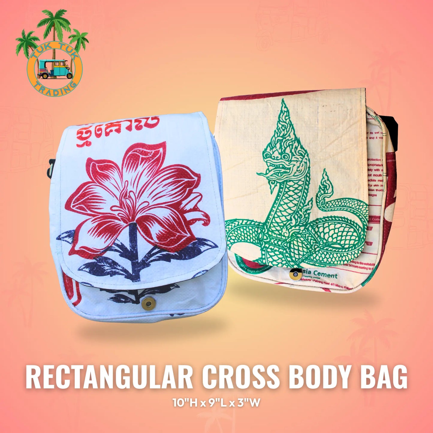 Two rectangular crossbody bags. one with lotus print design and one with green naga print design. available at ShopTukTuk.com
