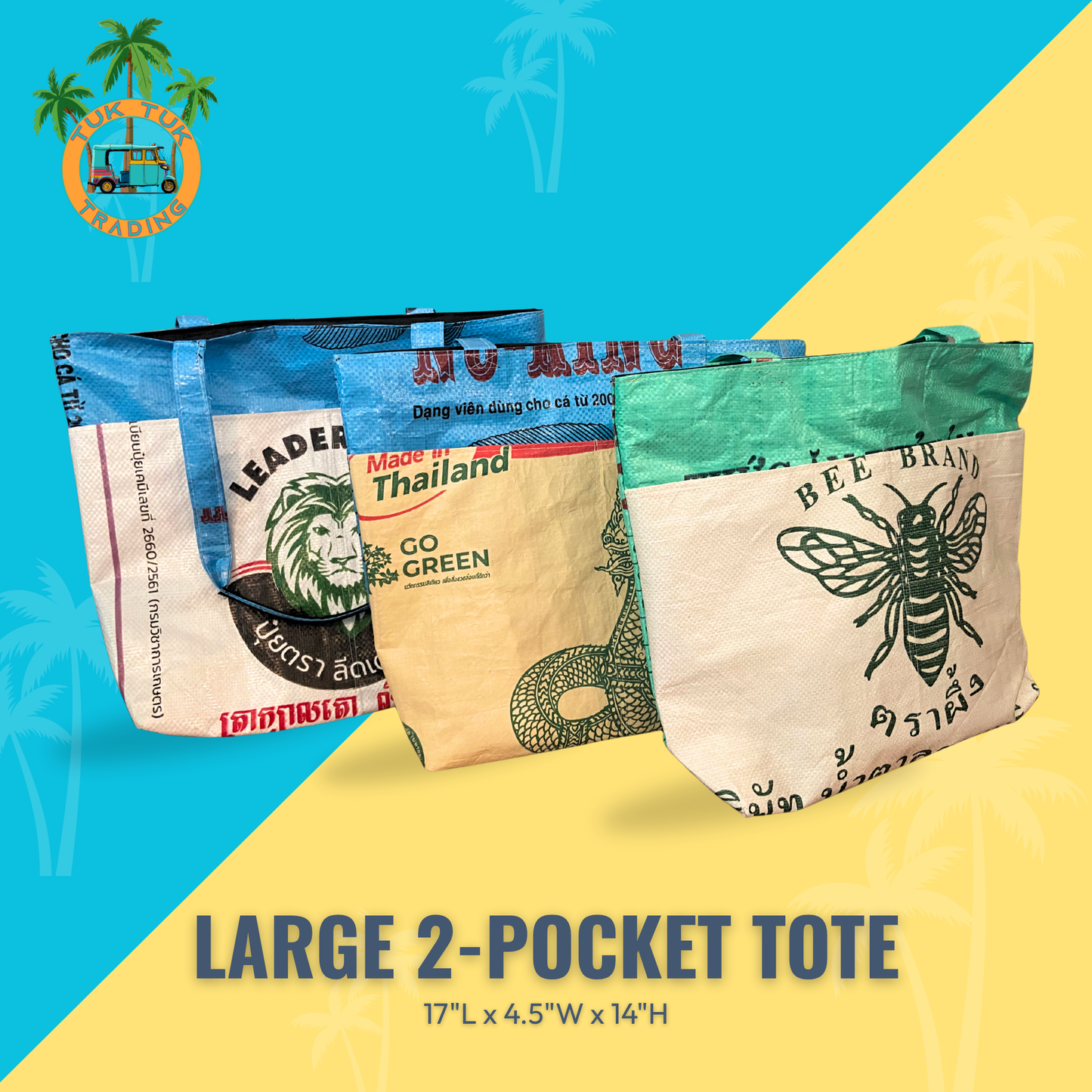 Three large 2-pocket tote bags with visible branding on a blue and yellow background. Totes from ShopTukTuk.com