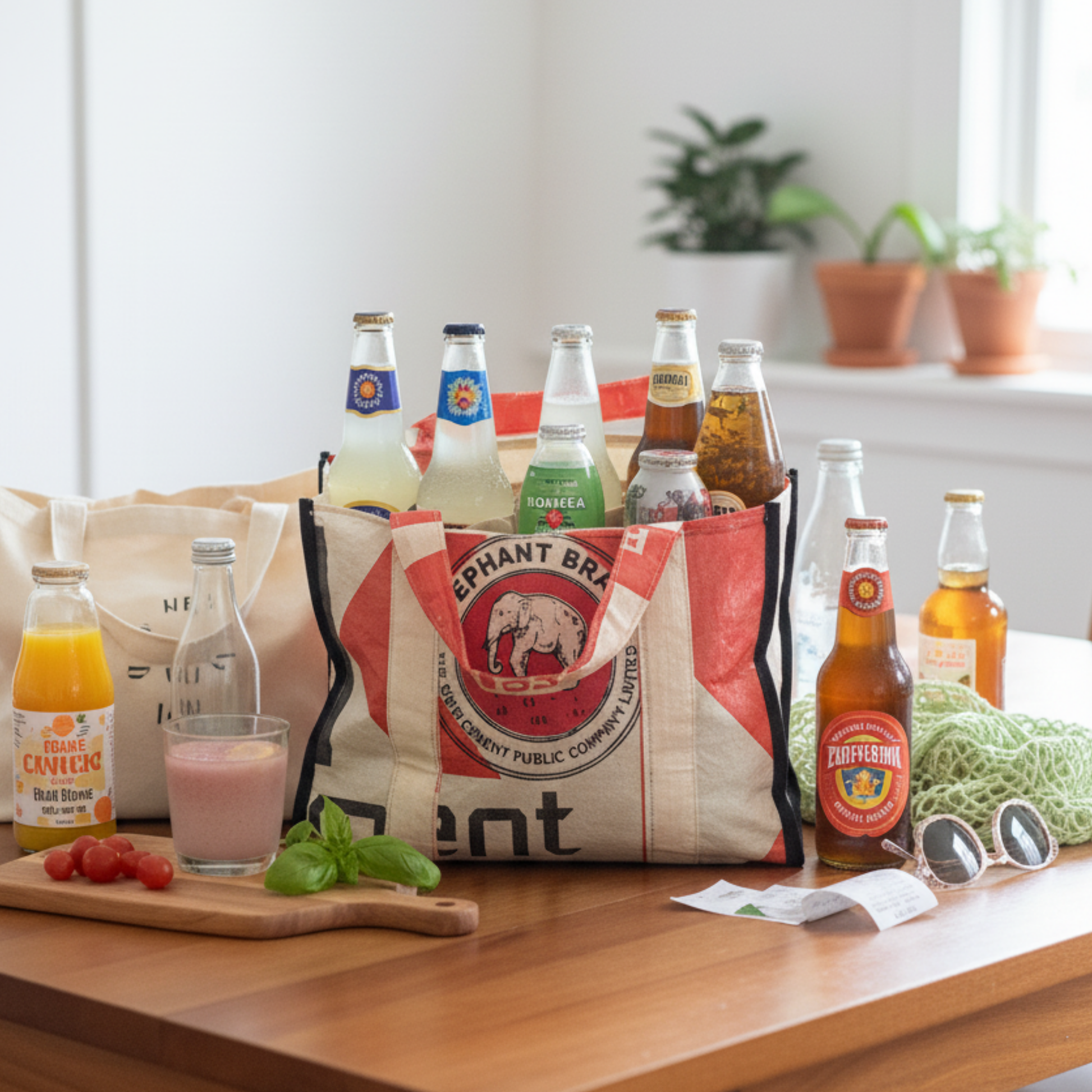 Collection of drinks and snacks on a table with a branded bag available at ShopTukTuk.com