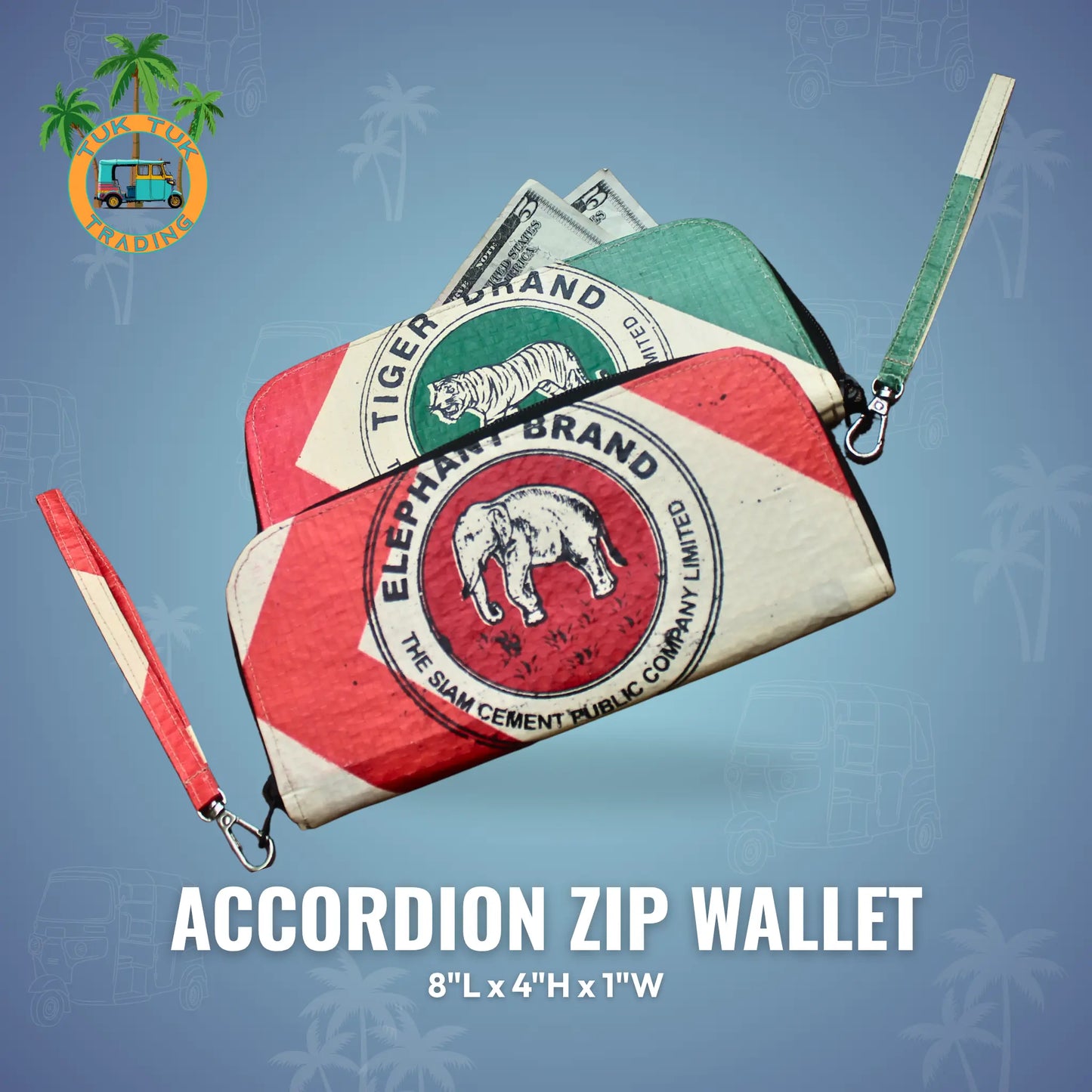 Accordion zip wallet with vintage brand design on a blue background from ShopTukTuk.com