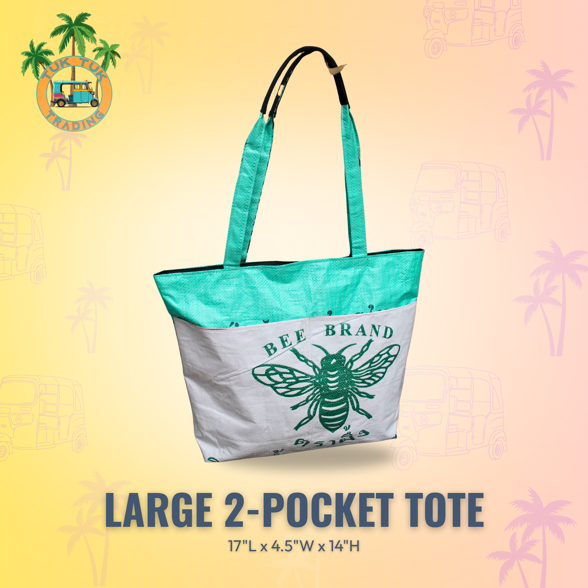 Large 2-pocket tote bag with bee brand logo on a colorful background