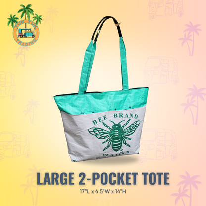 Large 2-pocket tote bag with bee brand logo on a colorful background