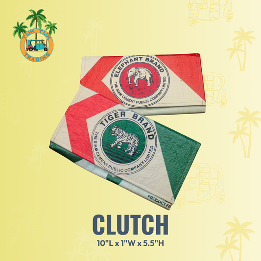 Two clutch bags with 'Elephant Brand' and 'Tiger Brand' logos on a yellow background. Available at ShopTukTuk.com
