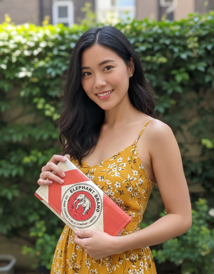 Woman holding a red and white product with 'Elephant Brand' logo against a green hedge background. Clutch available at ShopTukTuk.com