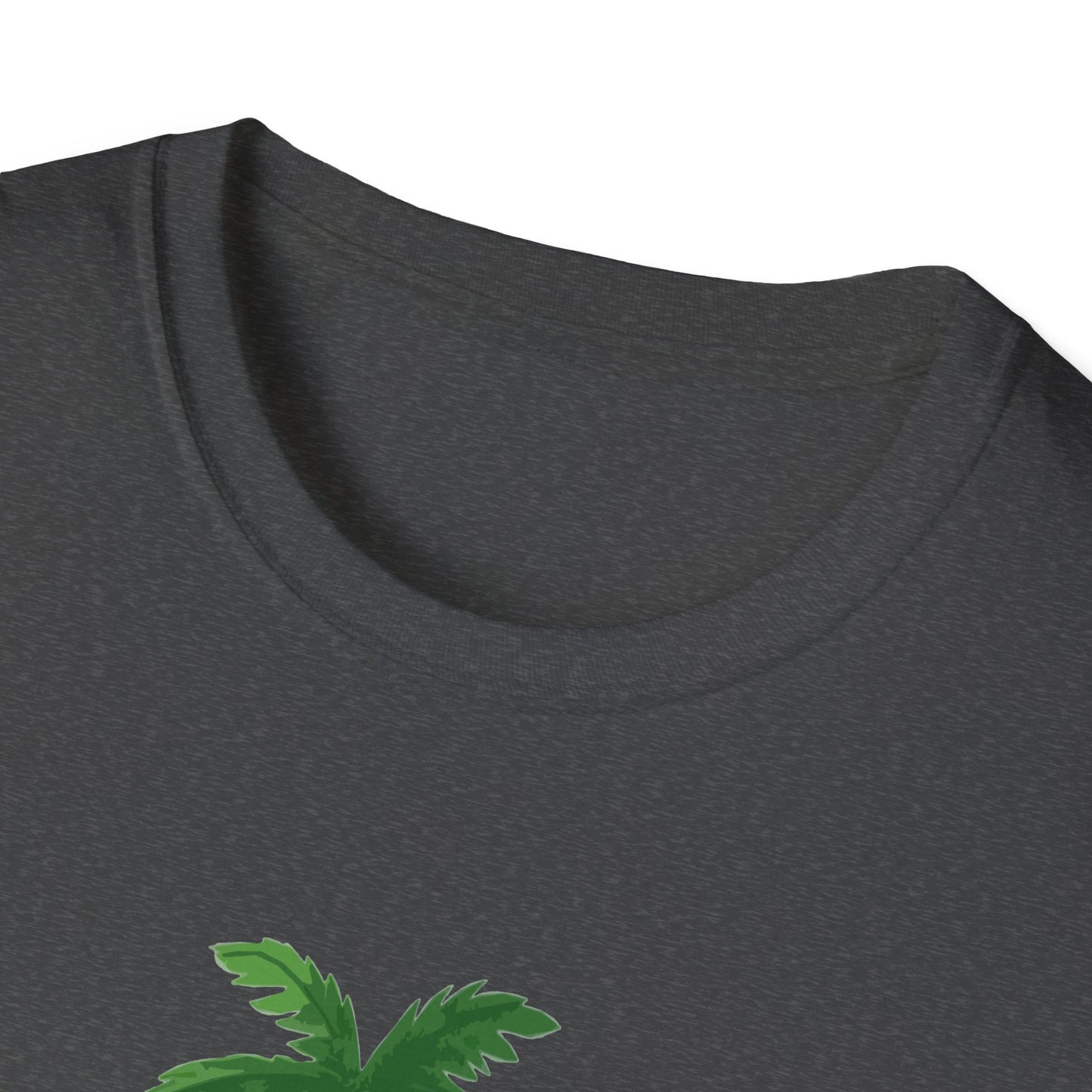 Close-up of a dark gray t-shirt with a green palm tree design on a white background