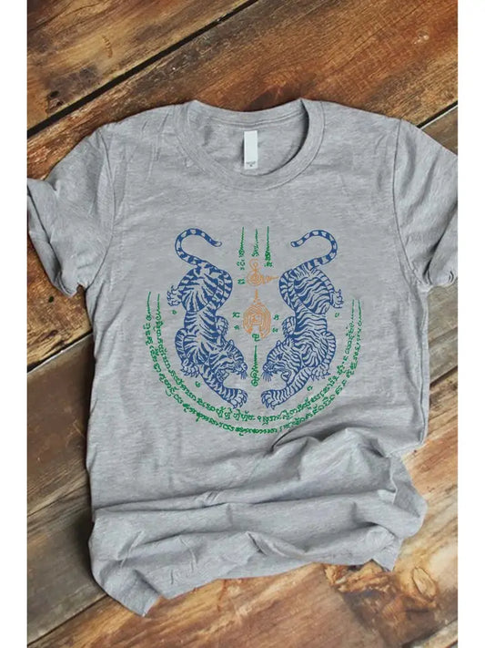 double roaring tigers in blue with green script on gray tshirt available at ShopTukTuk.com