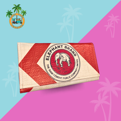 Elephant Brand print clutch with multicolored background. Clutch from Tuk Tuk Trading.