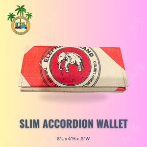Slim accordion wallet with red and beige elephant design on a gradient background available at TukTuk Trading