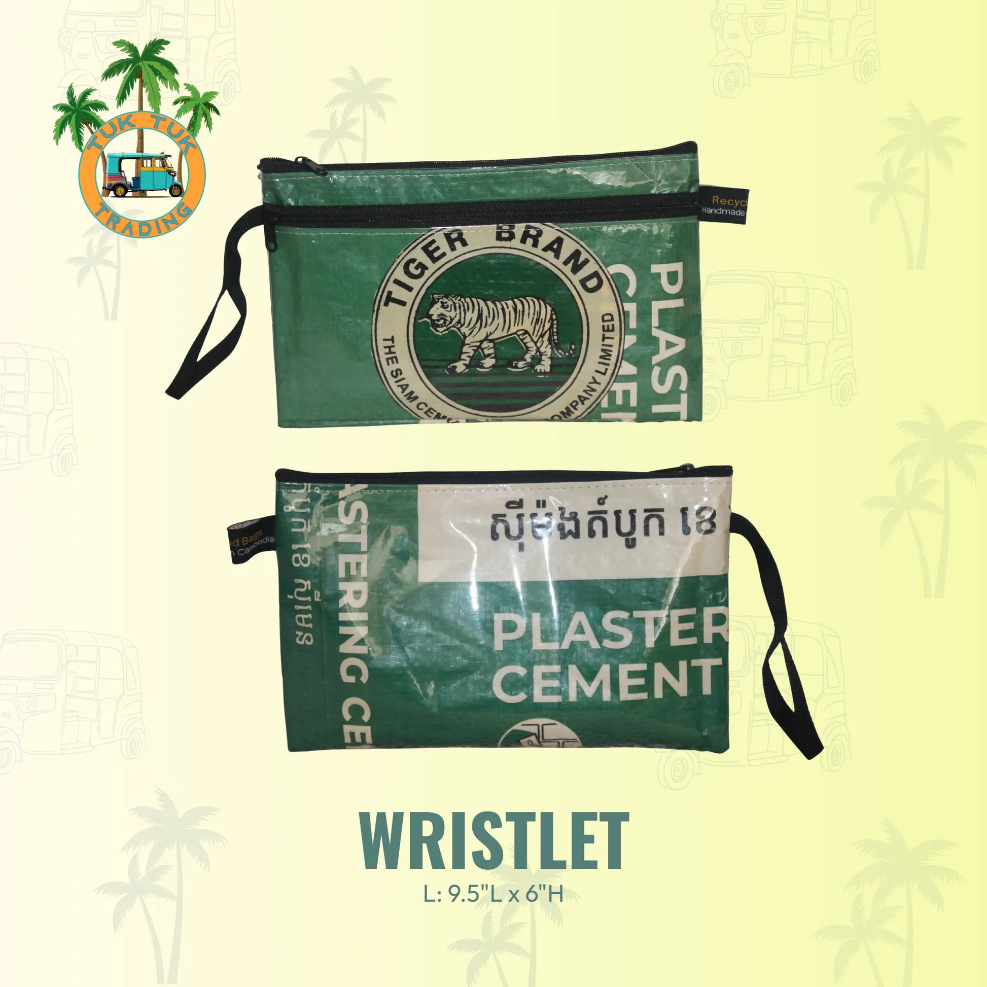 Green wristlet made from recycled plaster cement bag with Tiger Brand logo on a light green background from TukTuk Trading