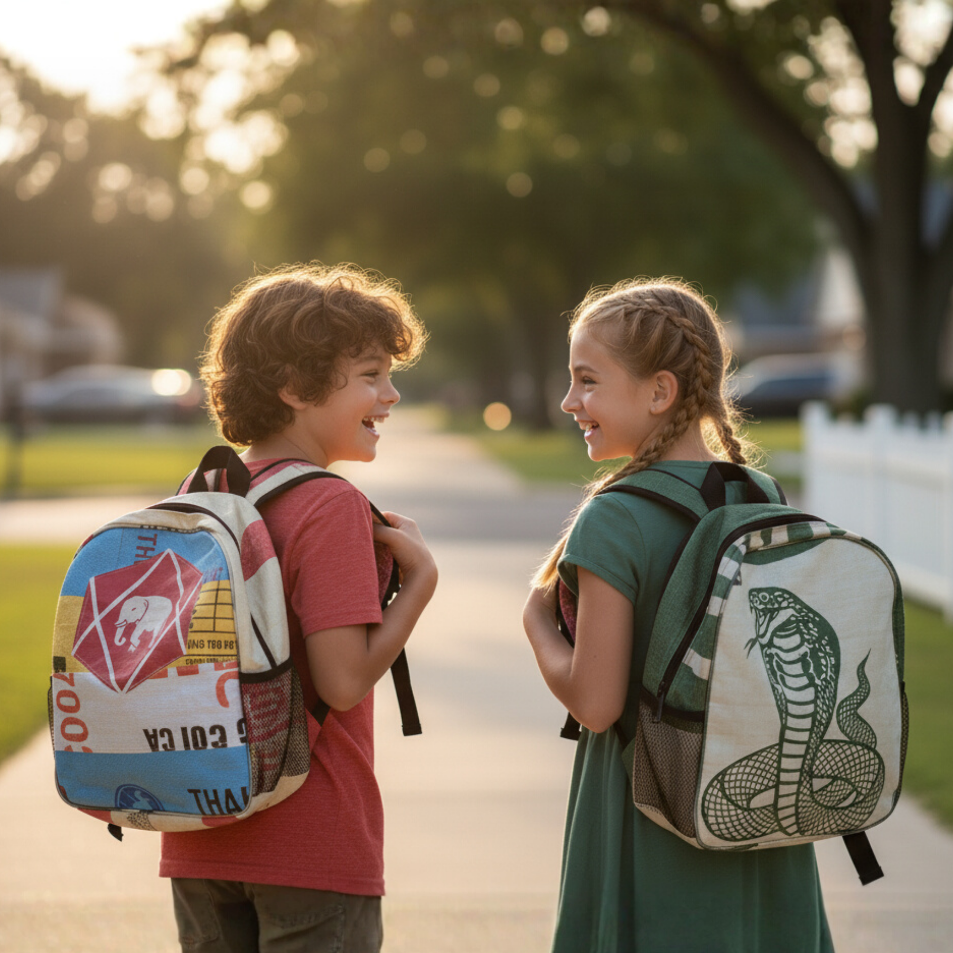 Two children with backpacks standing on a sidewalk with trees in the background. Backpacks from ShopTukTuk.com