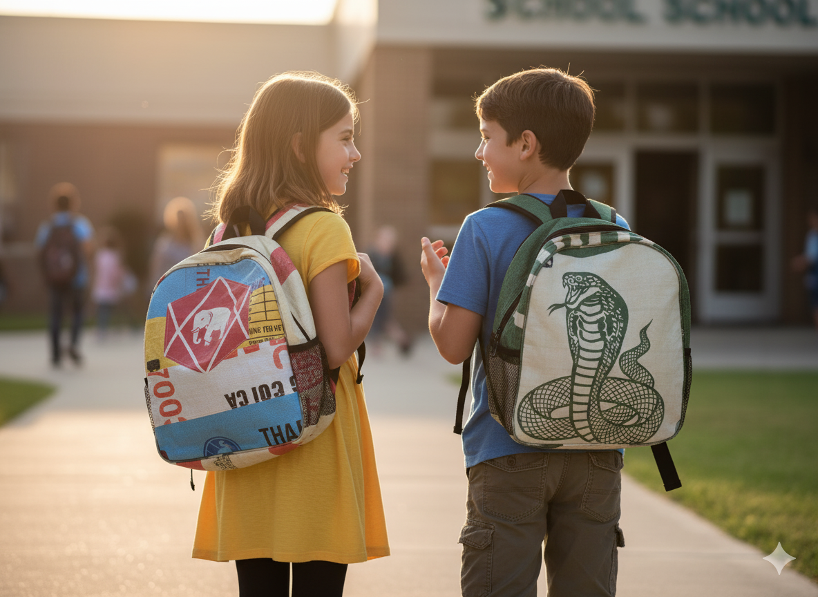 Two children with backpacks in front of a school building. Backpacks available at ShopTukTuk.com