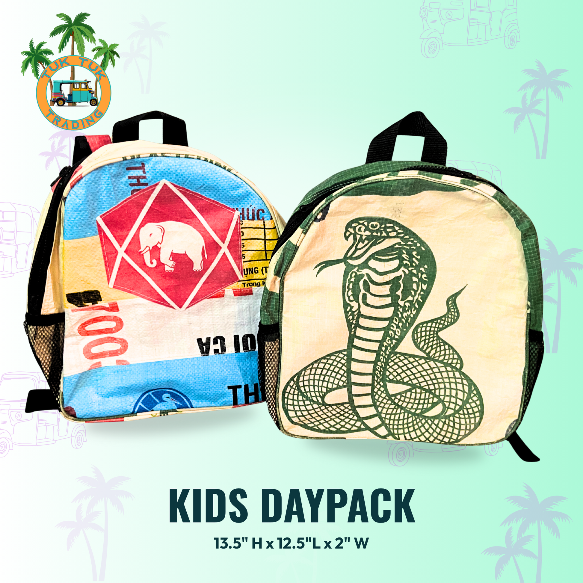 Two kids daypacks with different designs on a light blue background with palm tree graphics. Available at ShopTukTuk.com