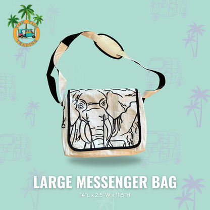 Large messenger bag with elephant design on a light blue background available at ShopTukTuk.com