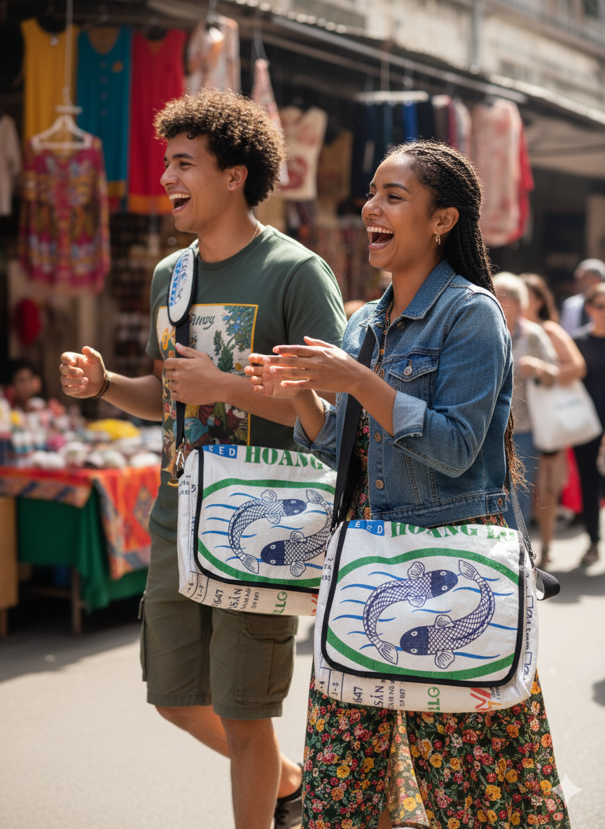 Two people walking together with matching messenger bags in an outdoor market setting. Bags from ShopTukTuk.com