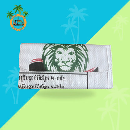 White wallet with a lion design on a blue and green background from Tuk Tuk Trading