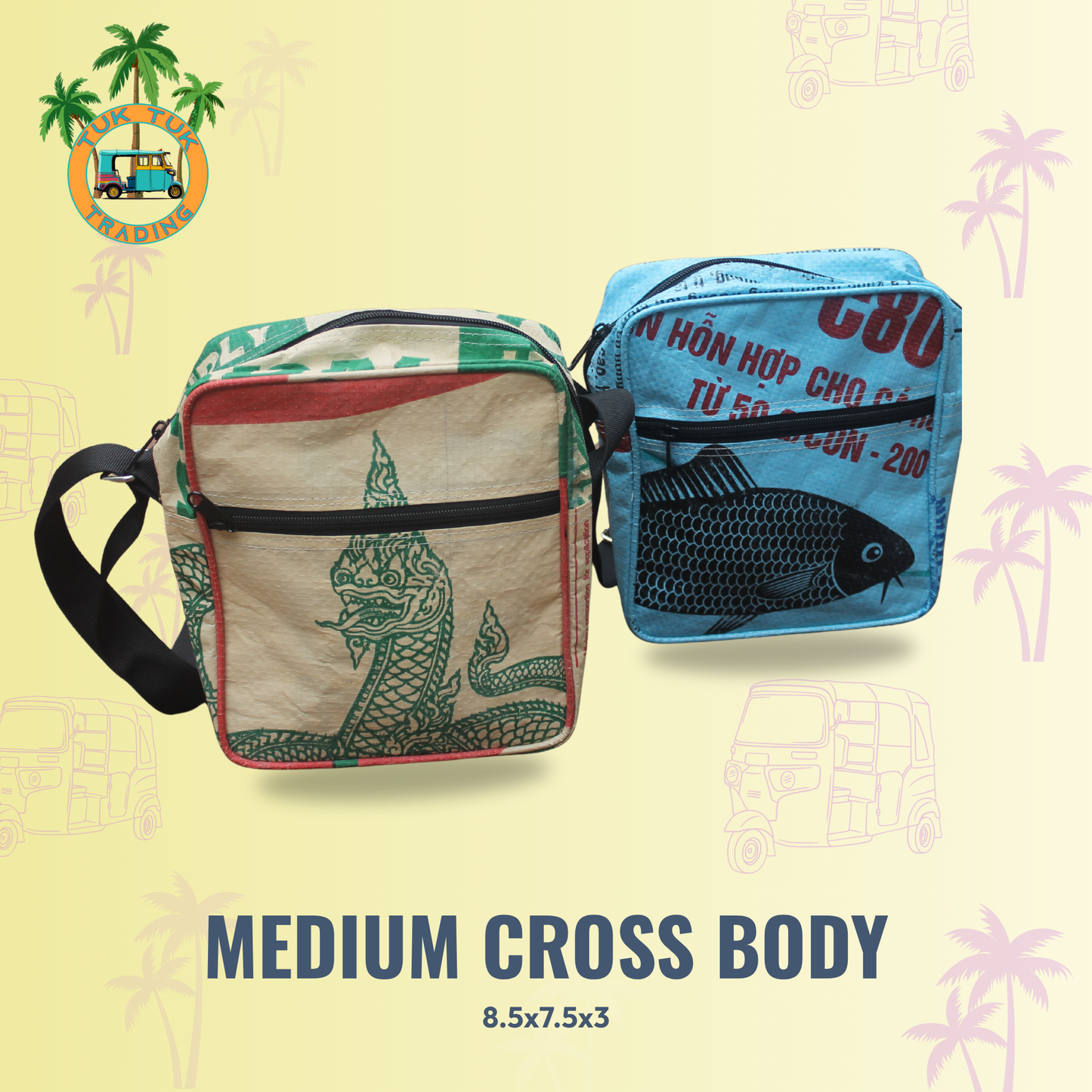 Two medium cross body bags on a light yellow background with palm tree graphics from TukTuk Trading