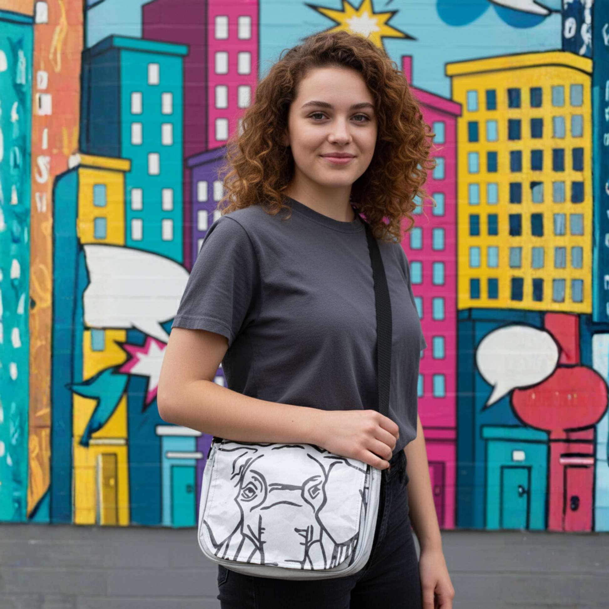 Woman wearing a elephant print messenger bag from TukTuk Trading