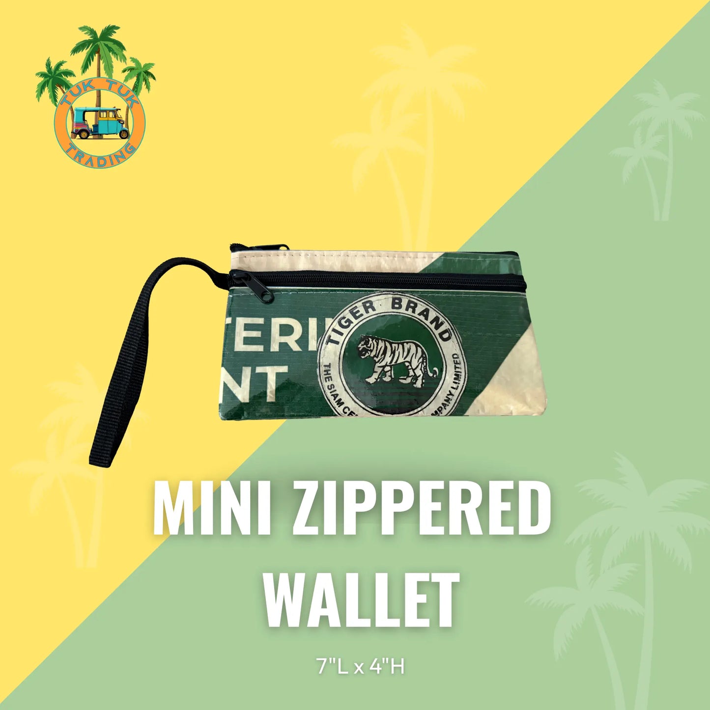 Mini zippered wallet with Tiger Brand logo on a yellow and green background from TukTuk Trading