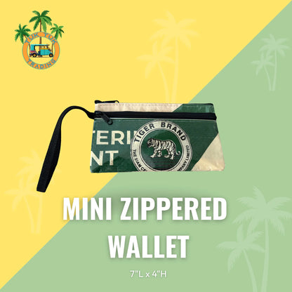 Mini zippered wallet with Tiger Brand logo on a yellow and green background from TukTuk Trading