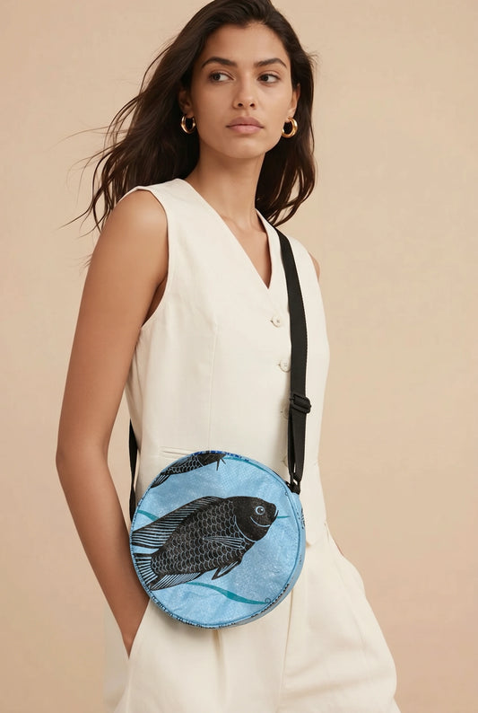Woman wearing a white sleeveless top with an upcycled blue fish crossbody bag.