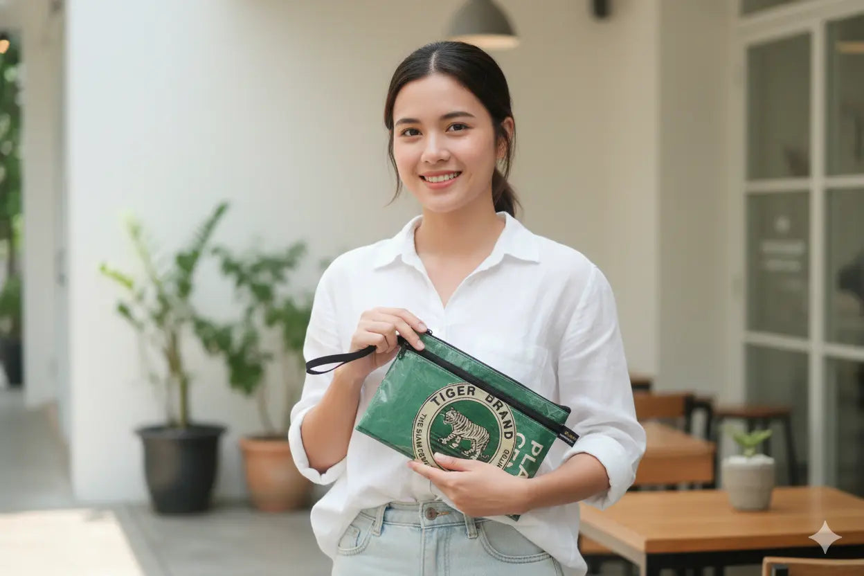 Woman holding a green pouch with a Tiger Brand logo in an outdoor setting. Wristlet available at ShopTukTuk.com