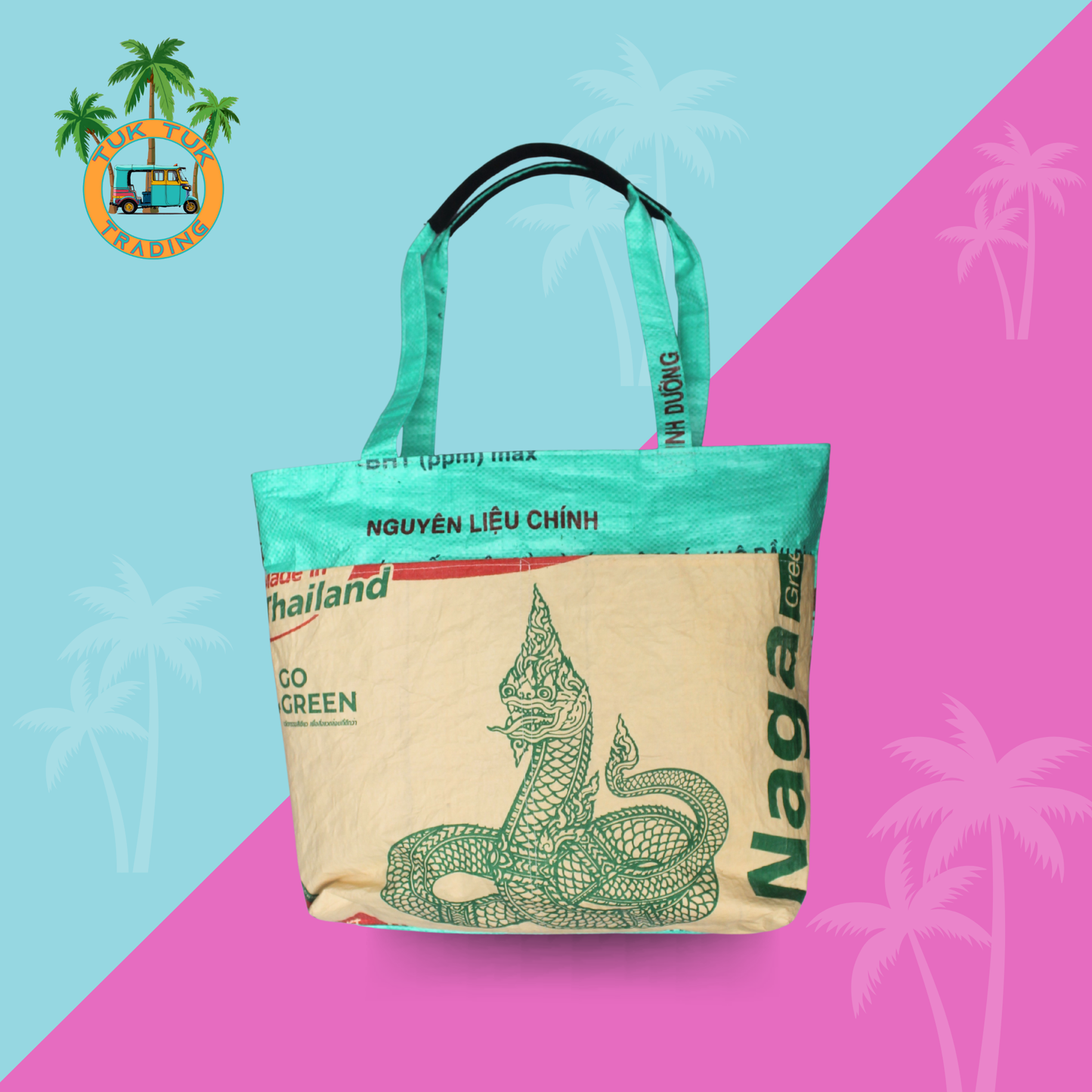 Tote bag made from recycled material on a colorful background with palm tree graphics. Tote from TukTuk Trading