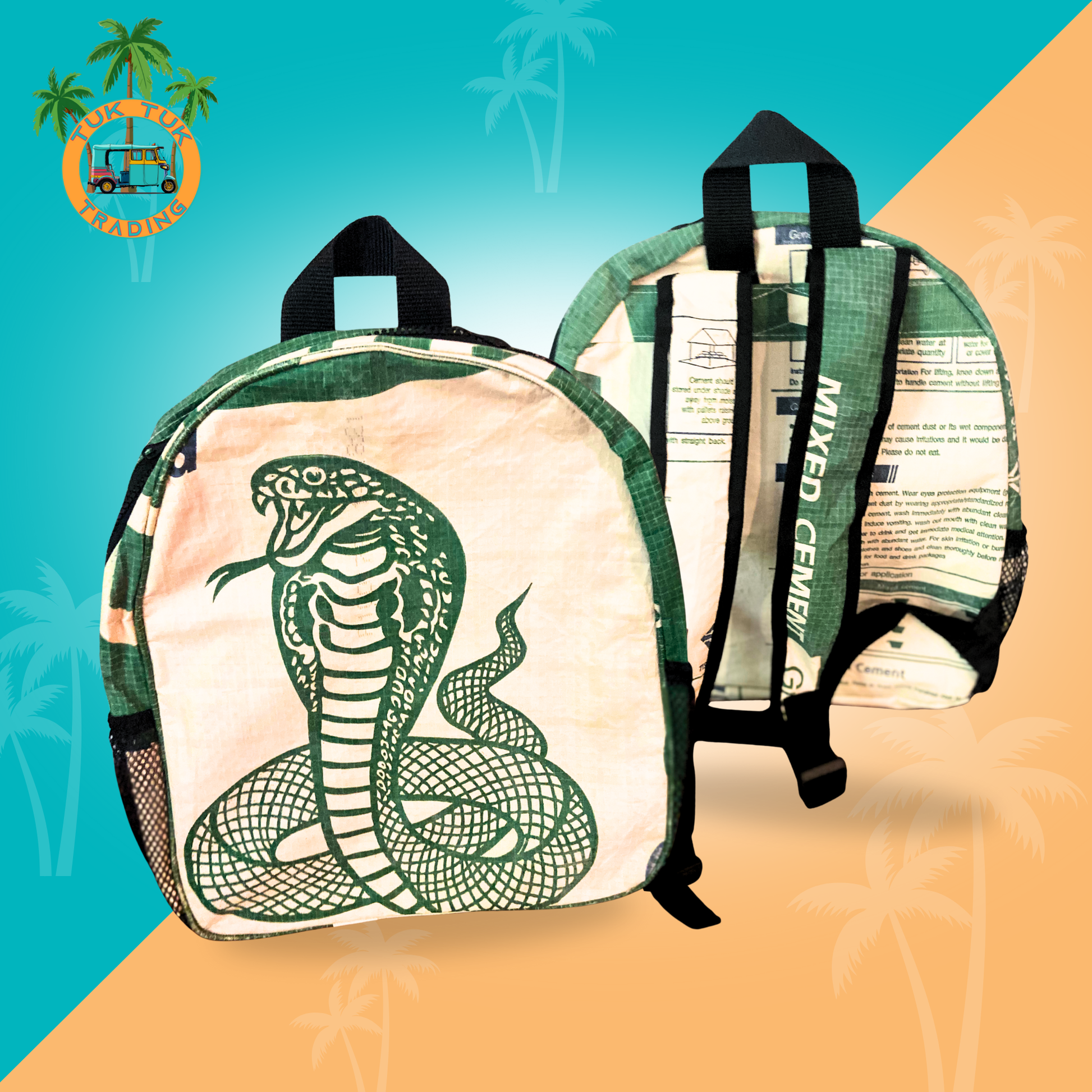 Backpack with snake design on a colorful background. Kids backpack available at ShopTukTuk.com