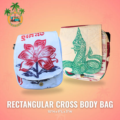 Two rectangular crossbody bags. one with lotus print design and one with green naga print design. available at ShopTukTuk.com