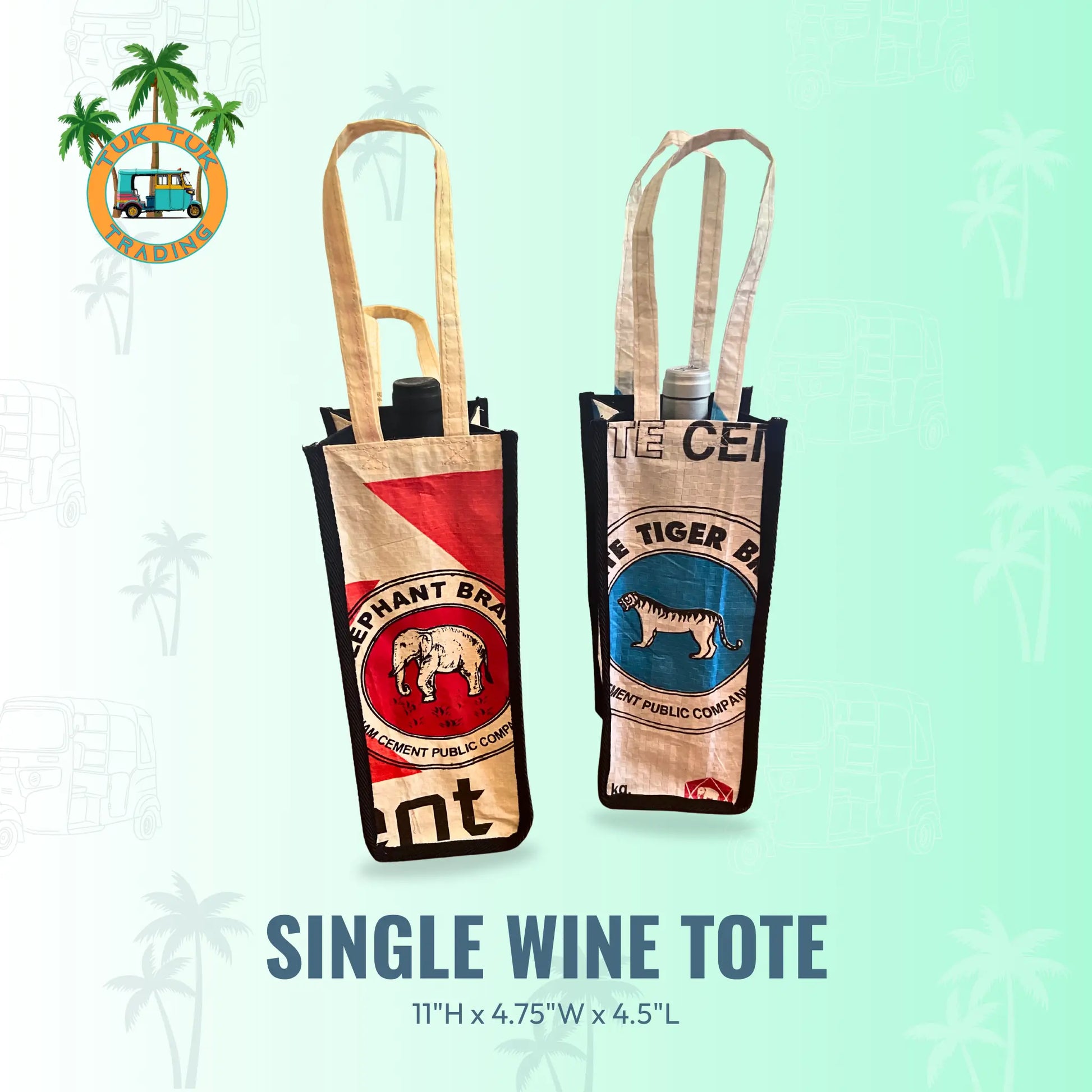 Two single wine totes with branding on a light blue background from TukTuk Trading