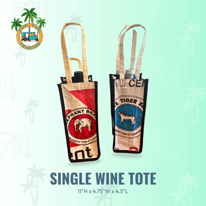 Two single wine totes with branding on a light blue background from TukTuk Trading