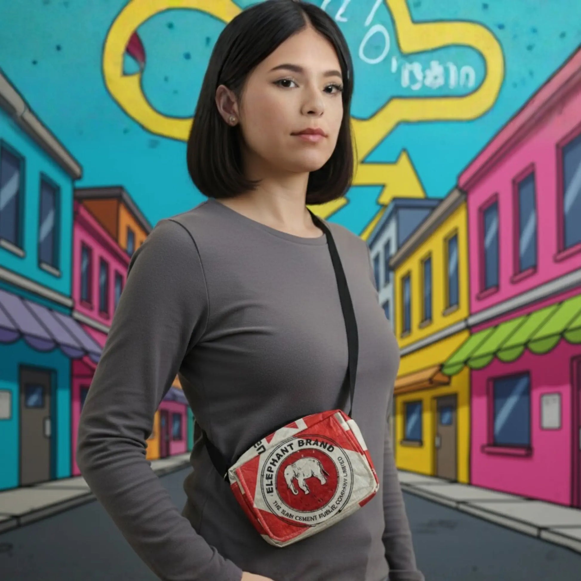 woman wearing a small cross body bag with Elephant Brand design from TukTuk Trading
