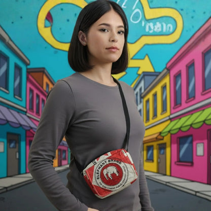 woman wearing a small cross body bag with Elephant Brand design from TukTuk Trading