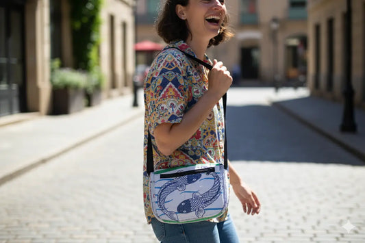 Woman laughing outdoors on a sunny street, wearing a colorful shirt and carrying a koi fish patterned bag from Tuk Tuk Trading