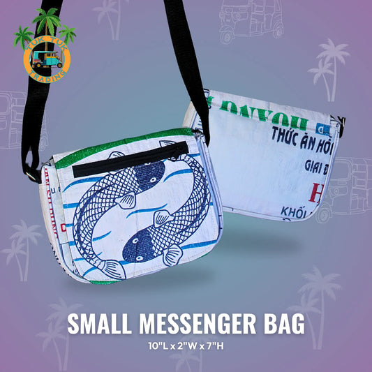 Small messenger bag with fish design and text on a gradient background from TukTuk Trading