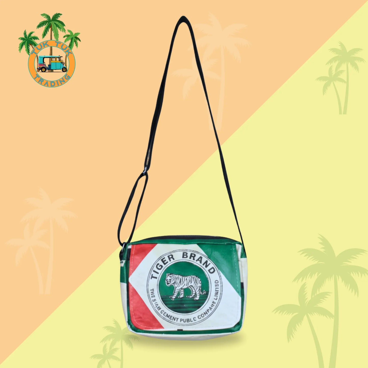 Hanging crossbody bag with Tiger Brand print from Tuktuk Trading