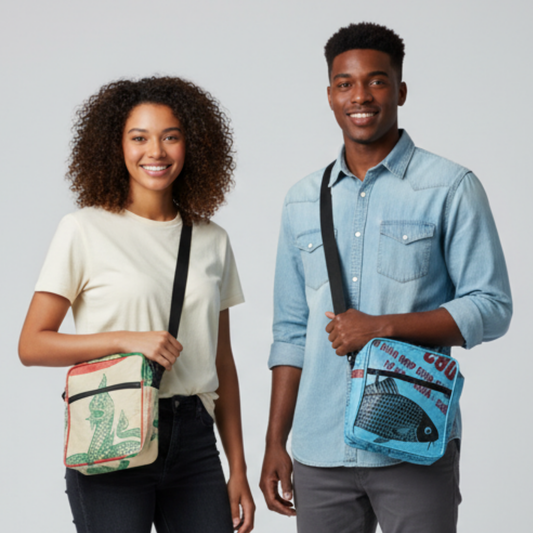 Two people holding crossbody bags with designs on a plain background available at ShopTukTuk.com