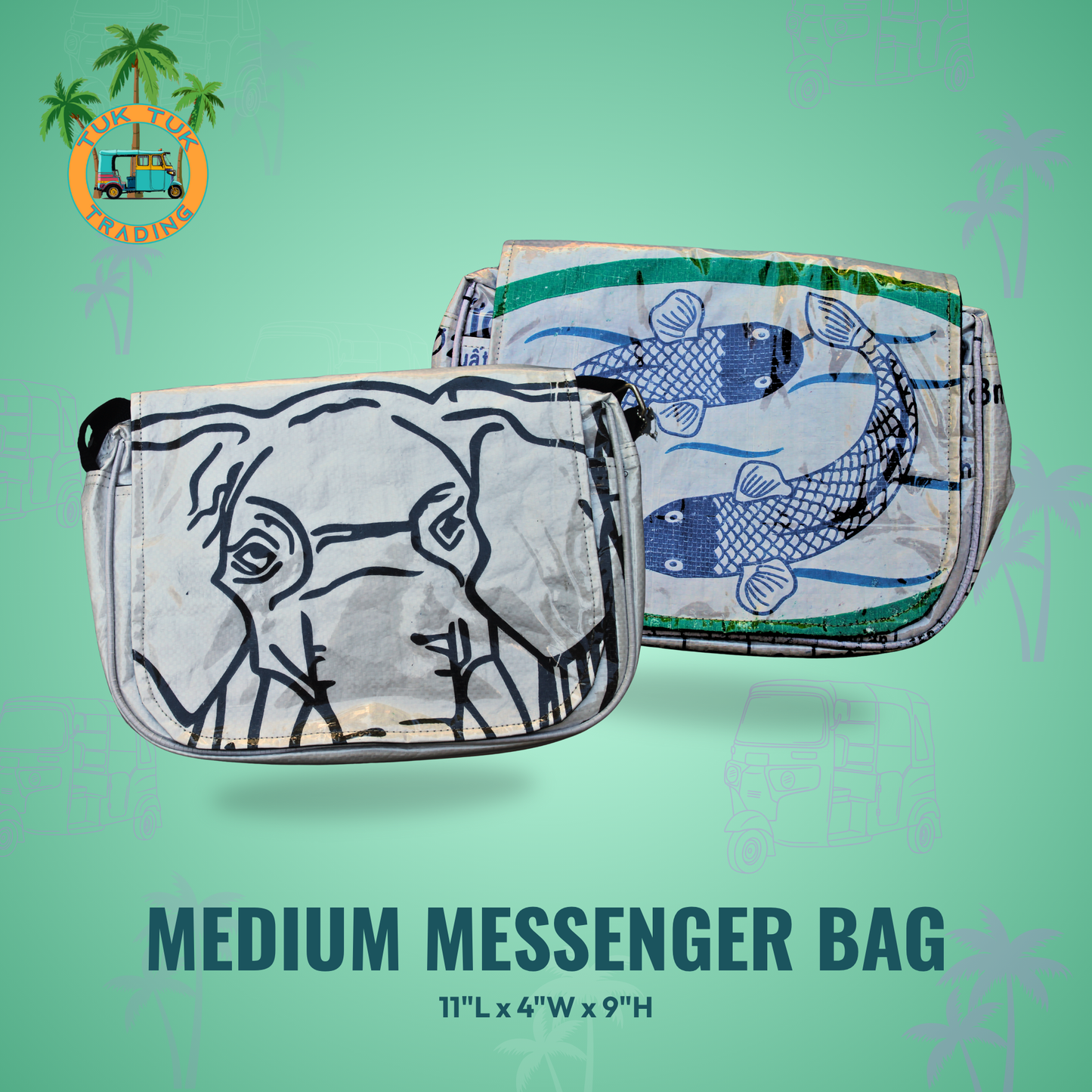 Two medium messenger bags with elephant and fish designs on a green background from TukTuk Trading